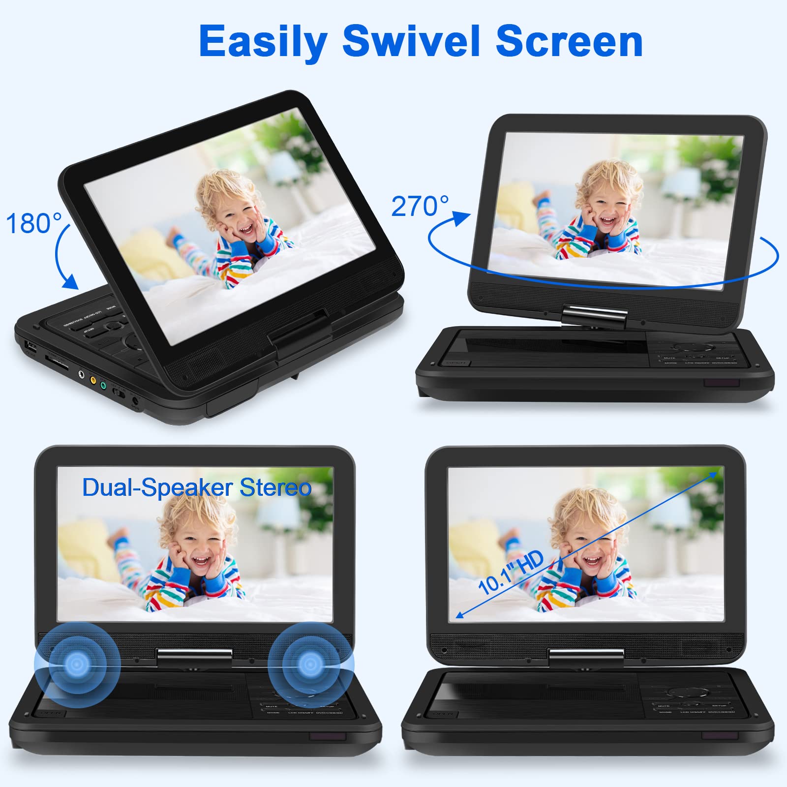 Yoohoo 12.5'' Portable Dvd Player With 10.1'' Hd Swivel Screen, Dvd Player Portable With Rechargeable Battery, Support Sync Tv/S